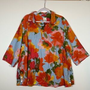 Joie Tunic Top Size 2X Floral Tropical 3/4 Sleeve Linen Blend Vacation Cruise